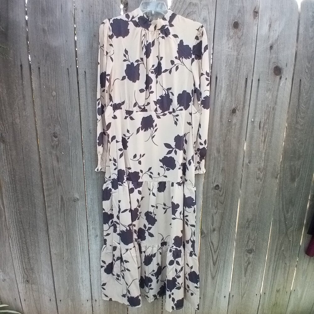 Karmi Label Tan Black Floral Print Maxi dress S Zip Halter Neckline Tie Waist